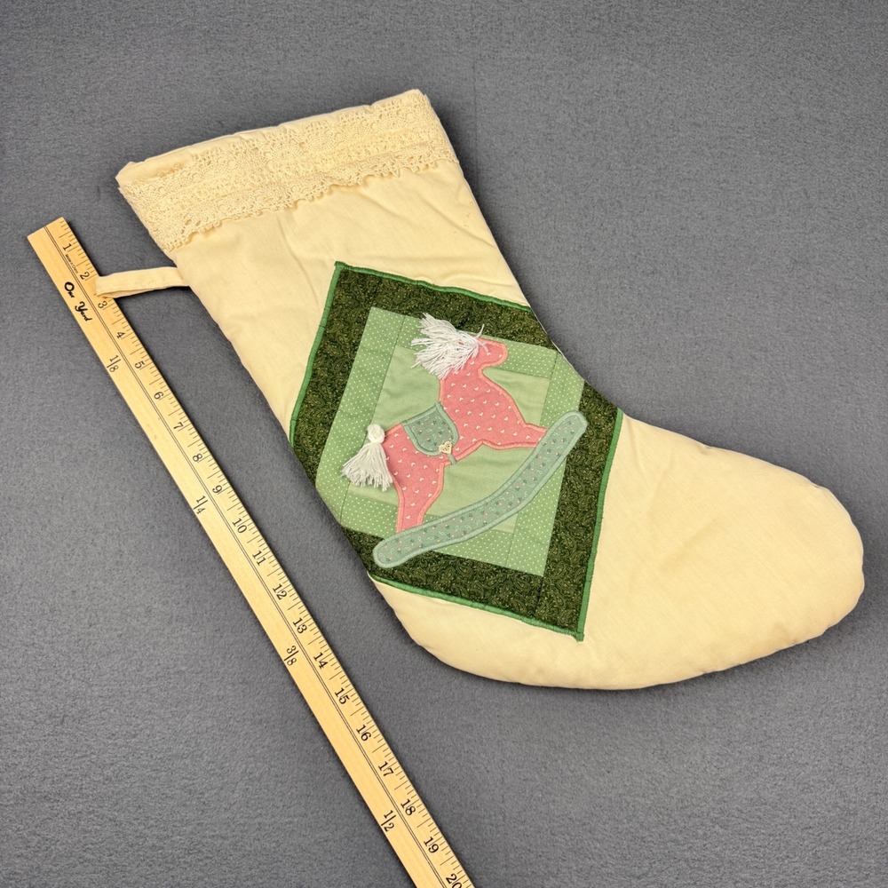 Vtg Rustic Christmas holiday Stocking Quilted Rocking Horse Cream color w Lace